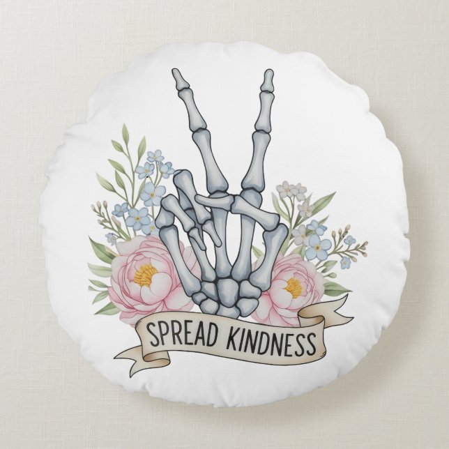 "Spread Kindness" Skeleton Peace Sign – Watercolor Rundes Kissen (Vorderseite)