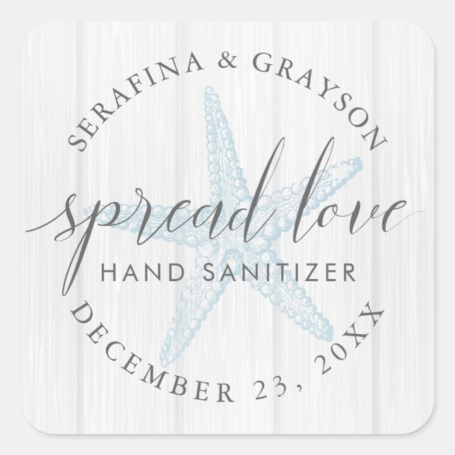 Spread-Liebe Starfish Rustic Hand Sanitizer Gefall Quadratischer Aufkleber (Vorderseite)