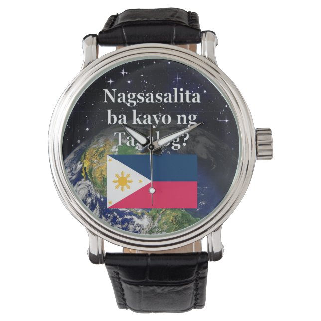 Sprichst du Tagalog? In Tagalog. Flag & Erde Armbanduhr (Vorderseite)