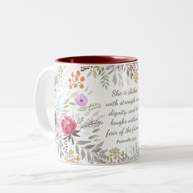 Sprichwörter 31:25 Bibel Verse Wasserfarbe Blumenb Zweifarbige Tasse (Vorderseite Links)