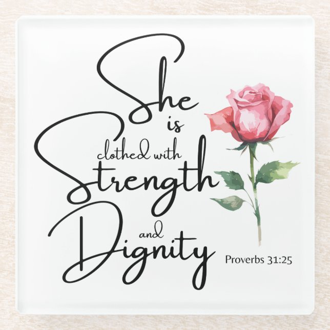 Sprichwörter 31:25 Sie ist bekleidet Bibelverse Bl Glasuntersetzer (Vorderseite)