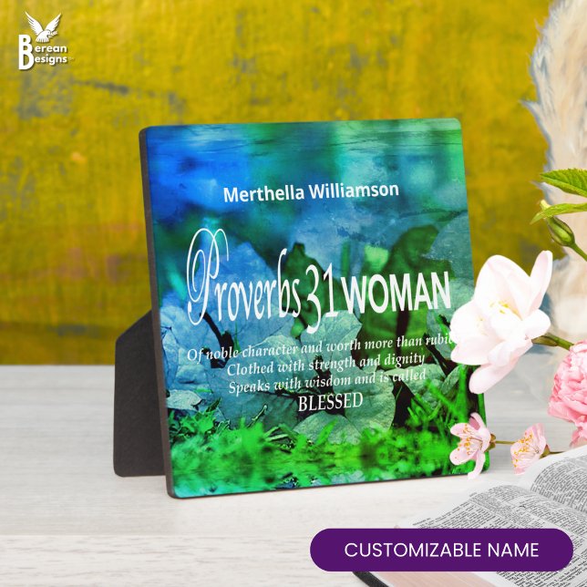 Sprichwörter 31 Inspirationsorientiert Christlich Fotoplatte (Pretty PROVERBS 31 floral Christian plaque in blue. Ideal personalized Mother's Day gift for Moms)