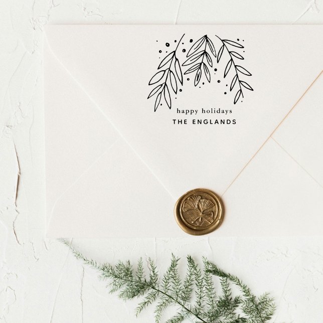 Sprigs Custom Ferien Gummistempel (Happy holidays botanical sprigs custom rubber stamp.)