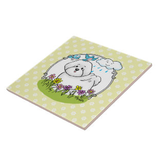Spring Bichon Frise Hund mit Blume - Niedlich Fliese