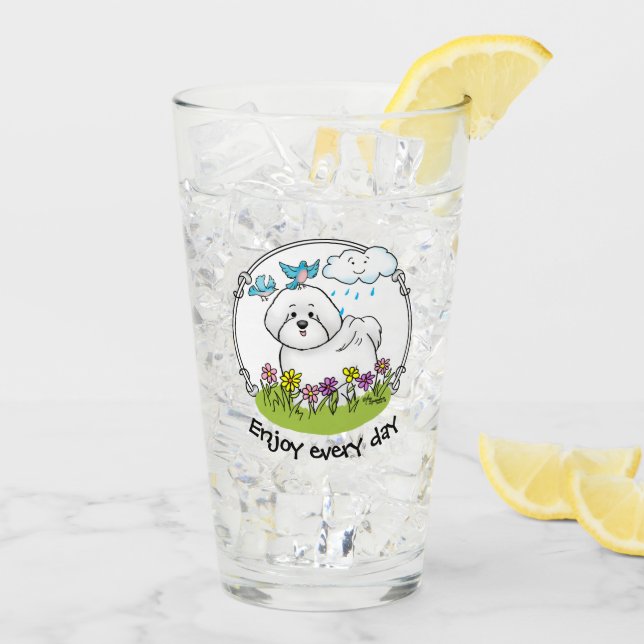 Spring Bichon Frise Hund mit Blume - Niedlich Glas (Rückseite Ice)