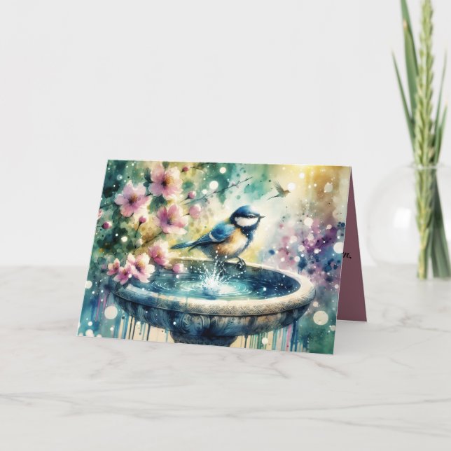Spring Bird Bath Watercolor  Karte (Vorderseite)