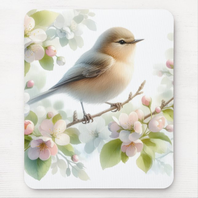 Spring Bird Cherry Blossom Floral Watercolor Mousepad (Vorne)