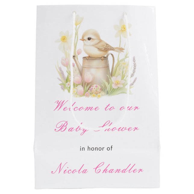 Spring Bird Watering Can Baby Dusche Mittlere Geschenktüte (Rückseite)