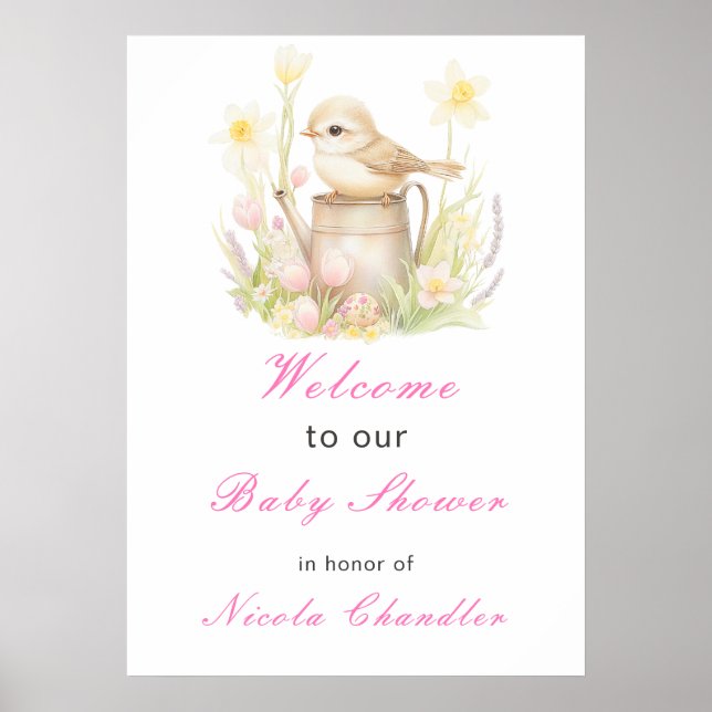 Spring Bird Watering Can Baby Dusche Poster (Vorne)