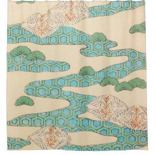 Spring Birds on Hexagon Mountains Vintage Japanese Duschvorhang