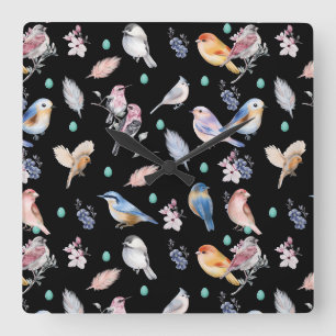 Spring Birds Pattern Quadratische Wanduhr