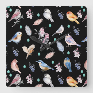 Spring Birds Pattern Quadratische Wanduhr