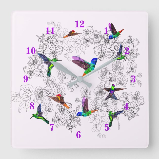 Spring Birds Wall Clock - Hummingbirds Quadratische Wanduhr (Vorderseite)