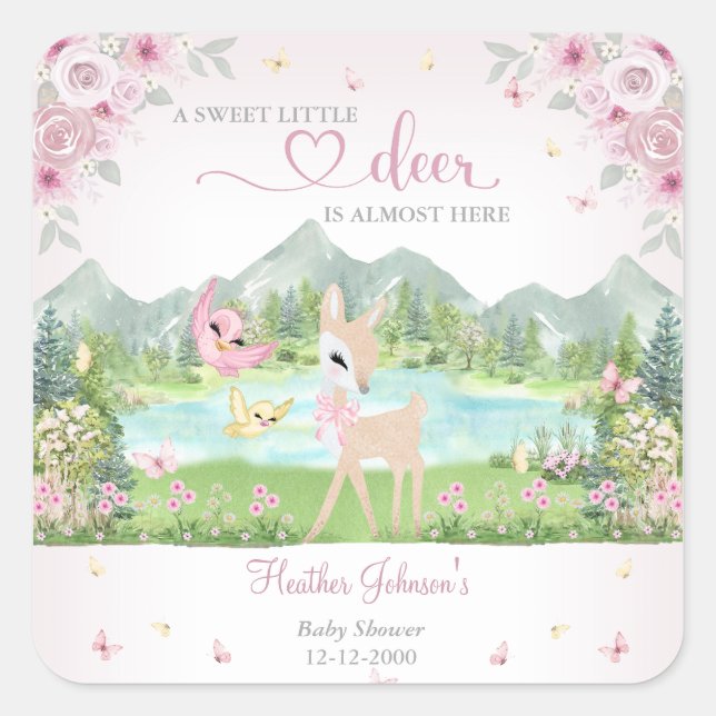 Spring Bloom and Butterflies Deer Baby Shower  Quadratischer Aufkleber (Vorderseite)