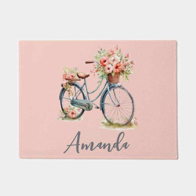 Spring Blue Bicycle Blume auf hellrosa Fußmatte (Vorderseite)