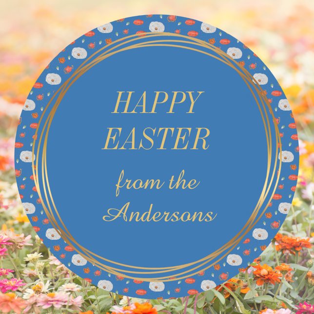 Spring Blue Floral Family Christlich Happy Oaster Runder Aufkleber (Spring Blue Gold Floral Pattern Family Name Religious Christian Catholic Happy Easter Round Sticker)