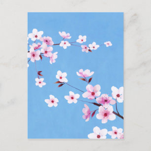 Spring Blue Sky Cherry Blossom Blume Warecolor Feiertagspostkarte