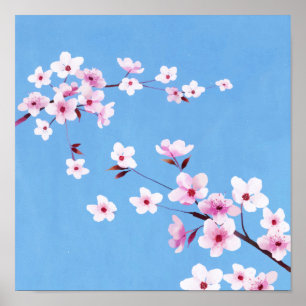 Spring Blue Sky Cherry Blossom Blume Warecolor Poster