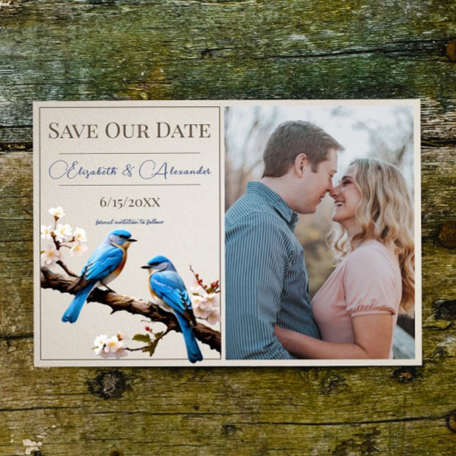 Spring Bluebirds Foto Save the Date Ankündigung (Spring Bluebirds Photo Save the Date)