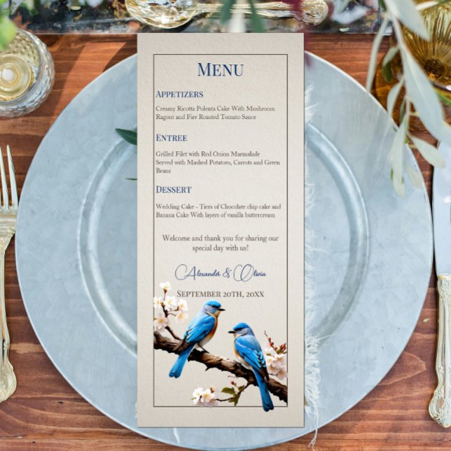 Spring Bluebirds Hochzeit Menükarte (Spring Bluebirds Wedding Menu)