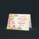 Spring Blues Girlfriend Geburtstagskarte Karte<br><div class="desc">Hübsche und nachdenkliche Begrüßungskarte für den Geburtstag Ihrer Freundin mit gelben,  lila und rosa Frühlingsblumen,  rustikalem Aquarellmuster und handgeschriebenem Stiltext.</div>