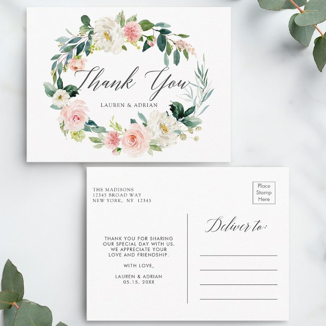 Spring Blush Wreath Wedding Danke Postcard Postkarte (Front & Back)
