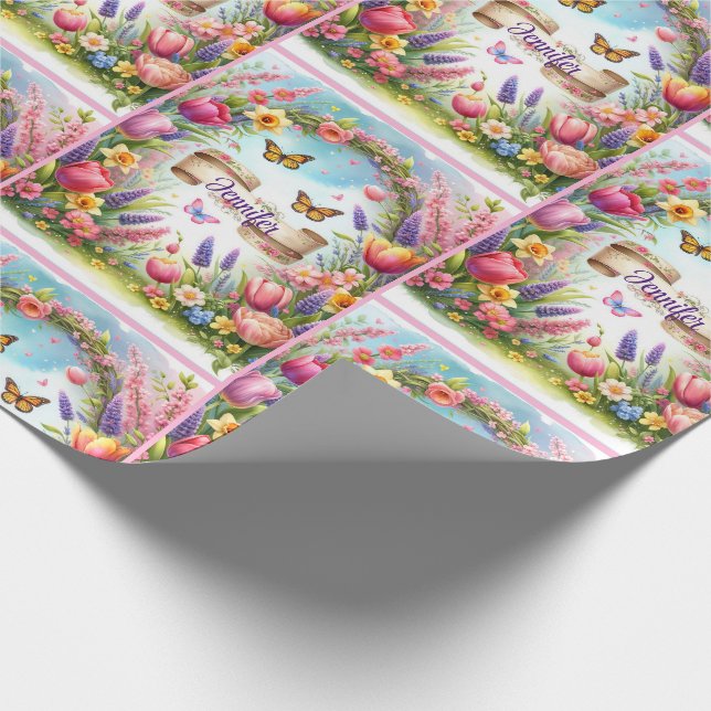 Spring Blwers Banner mit Name Happy Birthday Geschenkpapier (Ecke)