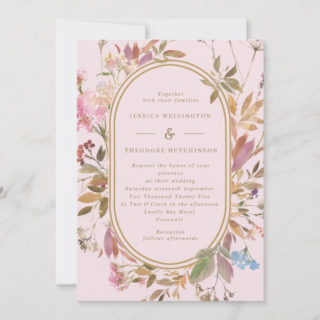 Spring Boho Blush & Gold Wildblumen Frame Wedding Einladung (Vorderseite)
