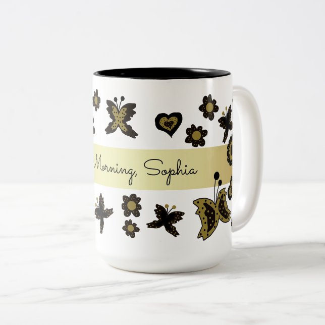 Spring Boho Bohemisch Floral Gold Butterfly Verzie Zweifarbige Tasse (VorderseiteRechts)