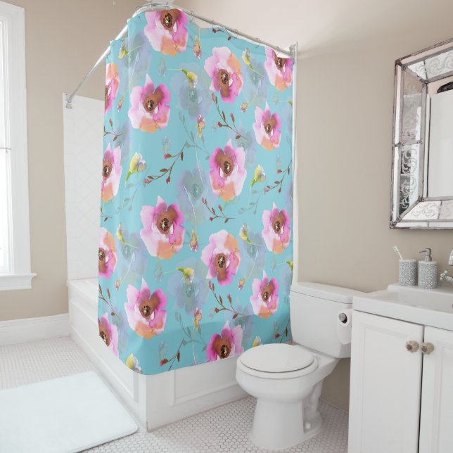 Spring Boho Hand zeichnete Blumenblätter auf aquam Duschvorhang (Beispiel)
