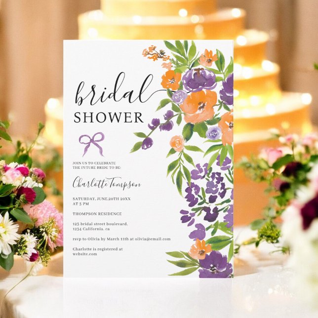 Spring Boho Lila Orange Brautparty Einladung (Spring Boho Purple Orange Floral bridal shower Invitation)