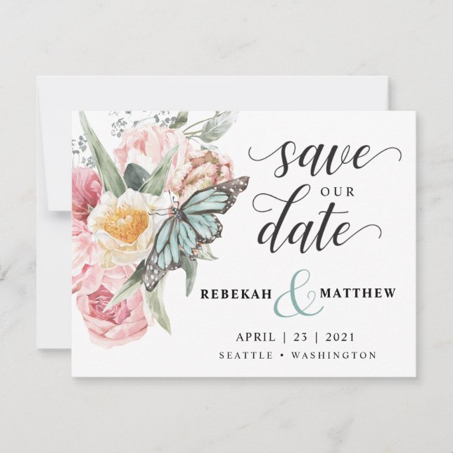Spring Bouquet | Tulip und Butterfly Wasserfarbe Save The Date (Vorderseite)