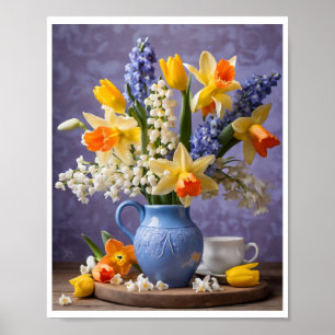 Spring Bouquet von Daffodils Hyacinths Blue Vase Poster