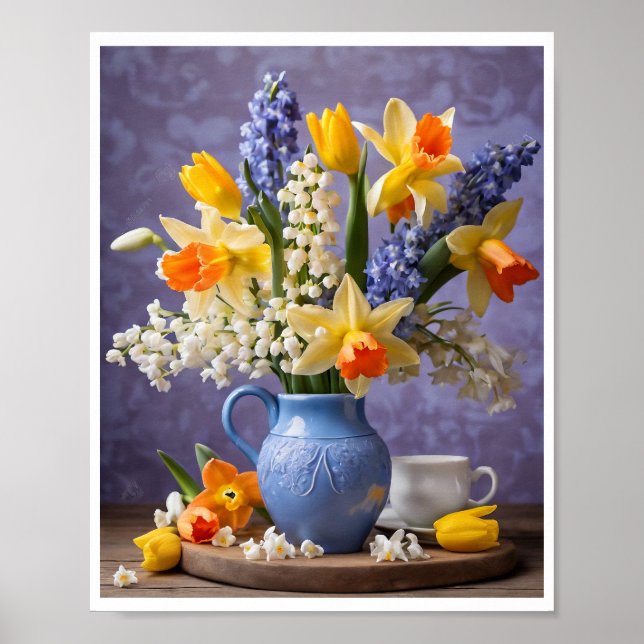 Spring Bouquet von Daffodils Hyacinths Blue Vase Poster (Vorne)