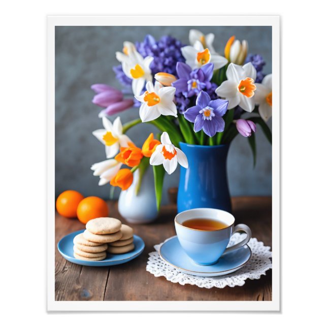 Spring Bouquet von Daffodils Hyacinths Teacup Fotodruck (Vorne)
