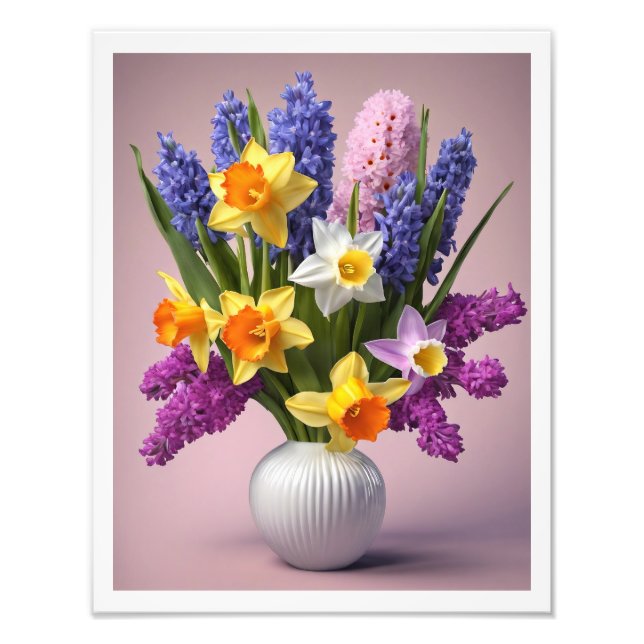 Spring Bouquet von Daffodils Hyacinths White Vase Fotodruck (Vorne)