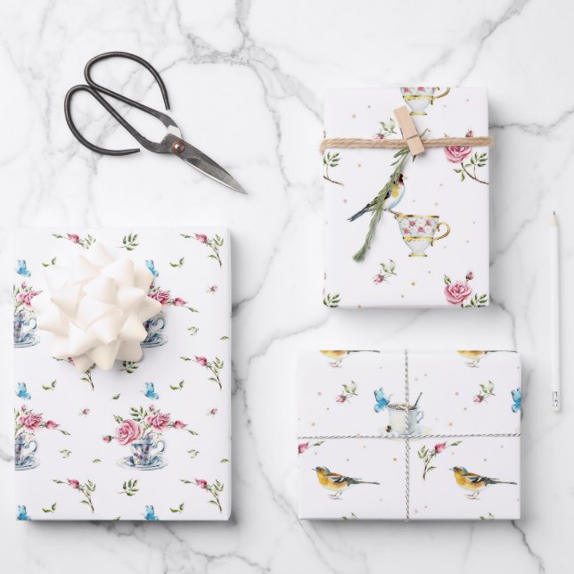 Spring Bridal Muttertag Wasserfarbene Vögel Geschenkpapier Set (Vorderseite)