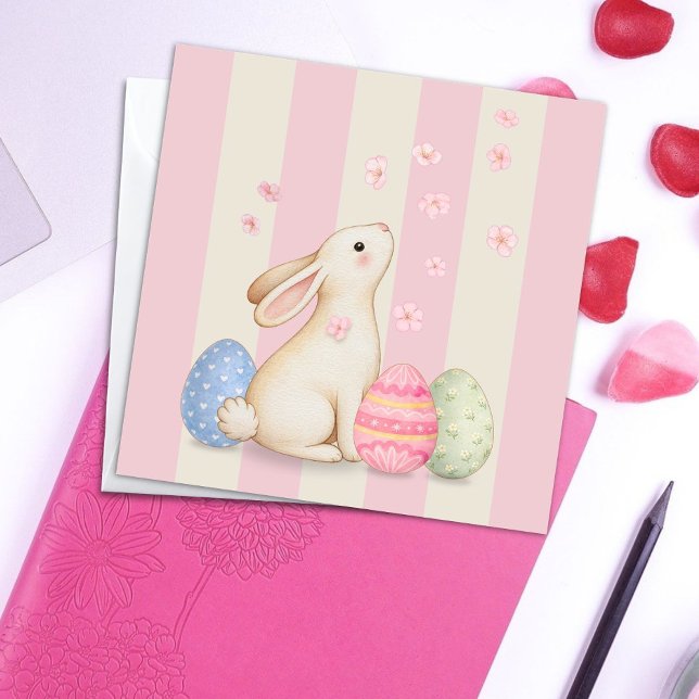 Spring Bunny and Eggs Stripes Square Easter Card Karte (Von Creator hochgeladen)