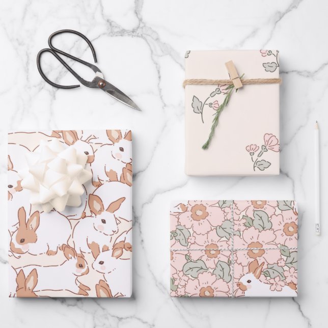 Spring Bunny Floral Osterthema Geschenkpapier Set (Vorderseite)