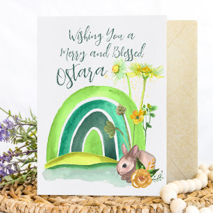 Spring Bunny Rainbow Ostara Floral Pagan Feiertagskarte