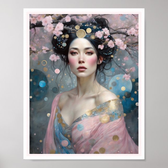 Spring Cherry Blossom Frau mit dunklem Haar Poster (Vorne)