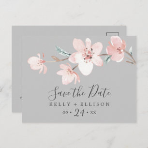 Spring Cherry Blossom Grau Save the Date Postkarte