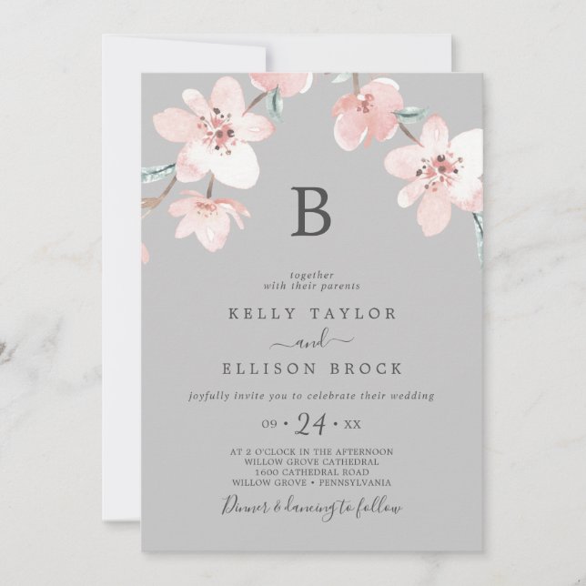 Spring Cherry Blossom | Grey Monogram Wedding Einladung (Vorderseite)