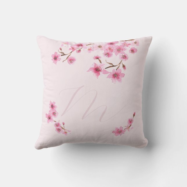 Spring Cherry Blossom Monogram Bridesmaid Geschenk Kissen (Rückseite)