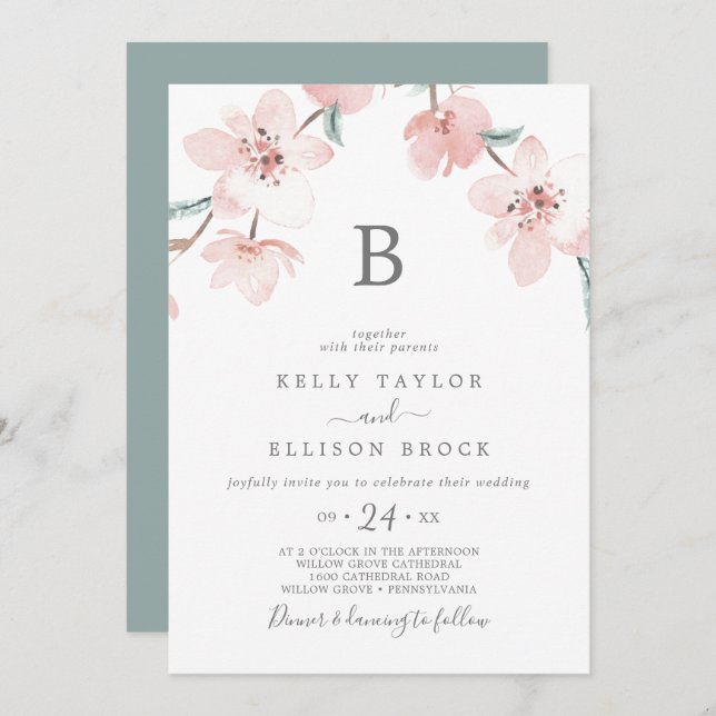 Spring Cherry Blossom Monogram Wedding Einladung (Vorne/Hinten)