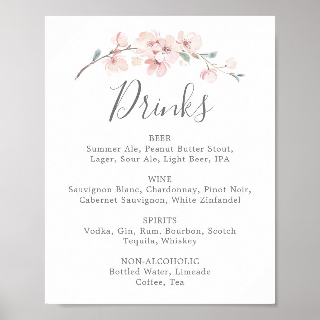 Spring Cherry Blossom Wedding Drinks Menü Zeichen Poster (Vorne)