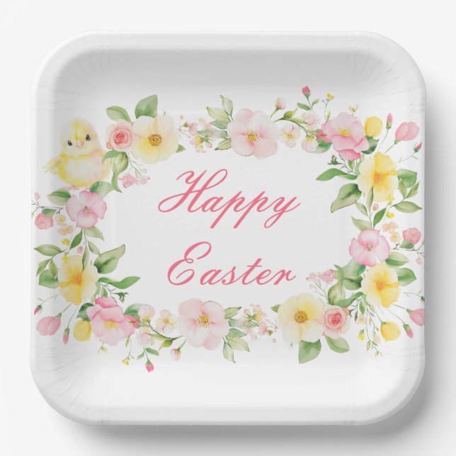 Spring Chick Floral Easter Egg Hunt Party Pappteller (Vorderseite)