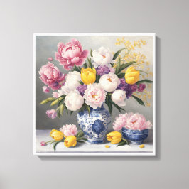Spring Chinoiserie Blauer Weißer Vase Peonies Tuli Leinwanddruck