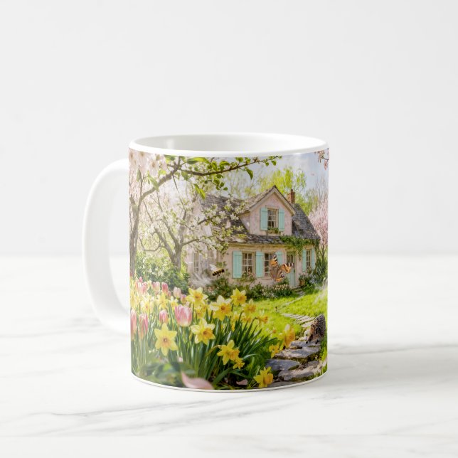Spring Cottage with Bees, Hedgehog and Blossoming  Kaffeetasse (Vorderseite Links)