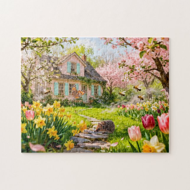 Spring Cottage with Bees, Hedgehog and Blossoming  Puzzle (Horizontal)